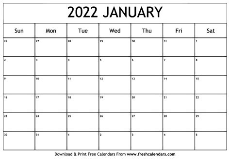 Blank Printable January 2022 Calendars