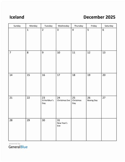 Free Printable December 2025 Calendar for Iceland