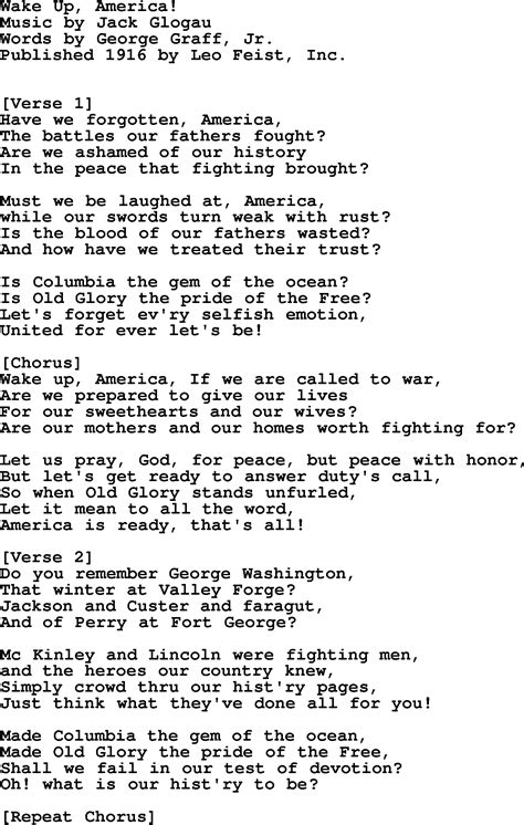 World War One(WW1)Era Song Lyrics for: Wake Up, America