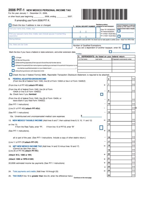 Form Pit 1 New Mexico Personal Income Tax Printable Pdf Download