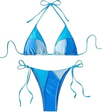 Amazon MakeMeChic Women S Colorblock Two Piece Triangle Swimsuit Halter String Thong Bikini