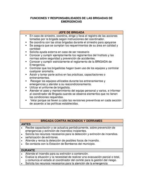 Anexo 3 Funciones Y Responsabilidades De Las Brigadas Emergencia