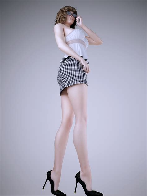 Realistic Short Haired Brunette In Poses Wearing Sexy Mini Skirt D Model