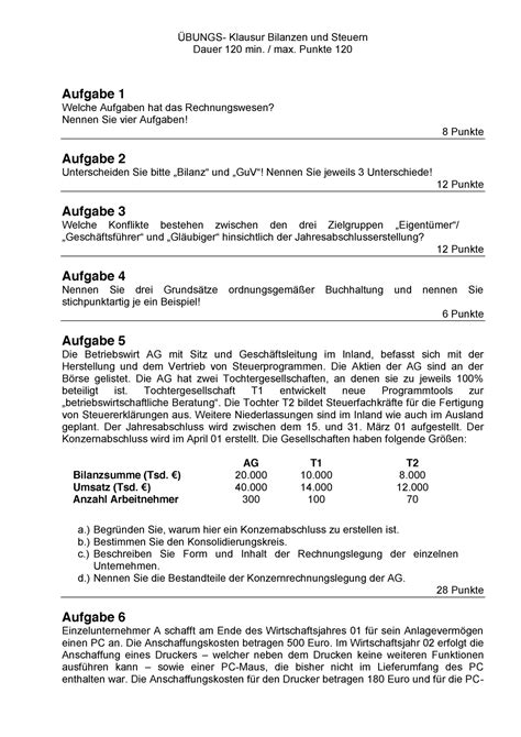 Bungsklausur Bilanzierung Bilanzanalyse Wi Se Bungs Klausur