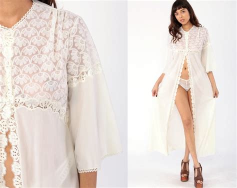Long White Robe Lingerie Jacket S LACE Kimono Robe Maxi Lingerie Nylon Peignoir Bridal S