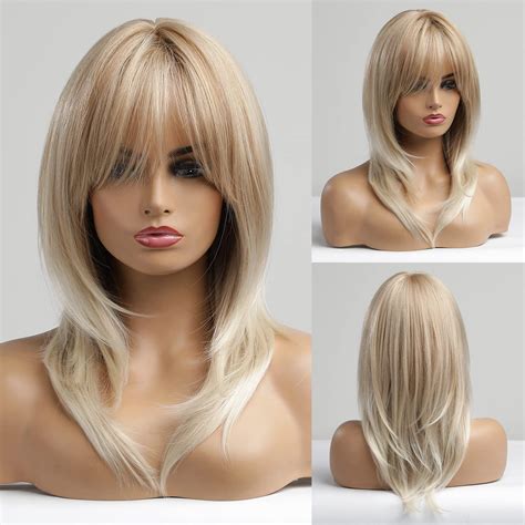 Alanhair Blonde Wigs For Women Shoulder Length Wig With Bangs Haircube Synthetic Hair Layered