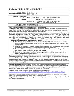 Fillable Online Syllabus For Biol Human Biology Fax Email Print