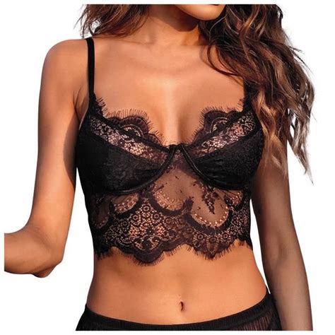 Dames Sexy Lingerie Dentelle Plume Couture Perspective Sexy Top Gilet Court N Noir