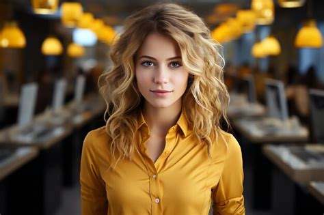 Premium AI Image A Woman With Curly Blonde Hair Stands In Front Of A Mirror