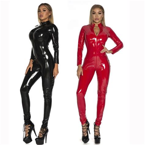 PVC Erotic Crotchless Latex Bodysuit Double Zipper Dress For Sex Woman Breast Exposing Open