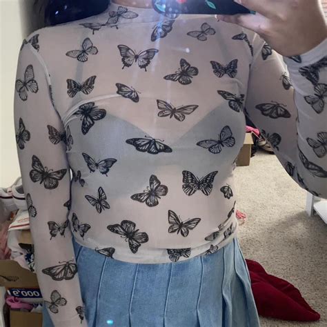 Nude Butterfly Mesh Mock Neck Long Sleeve Donatjng Depop