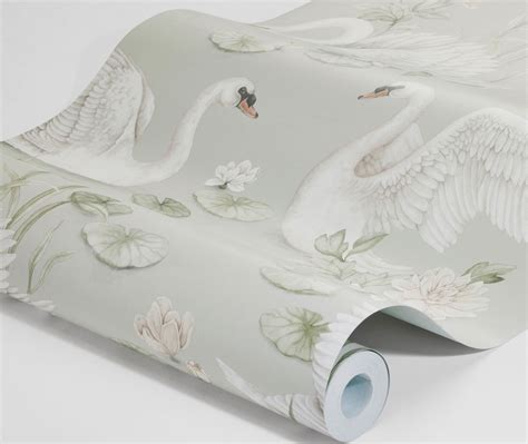 Papel Pintado Infantil Cisnes Y Nenúfares Verde Tienda Online Telas