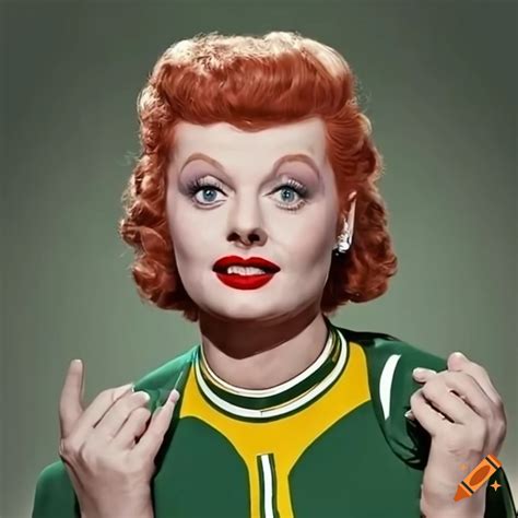 Lucille ball imitating heisman trophy pose in green bay packers outfit