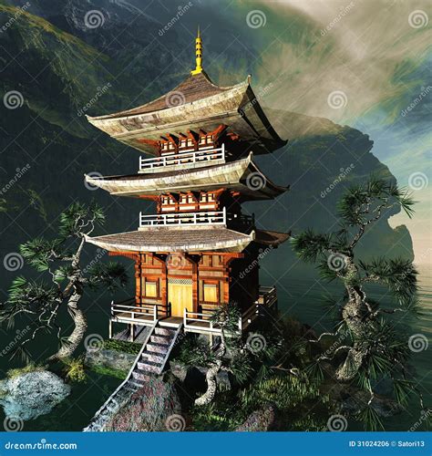 Tempio Buddista Di Zen Nelle Montagne Illustrazione Di Stock