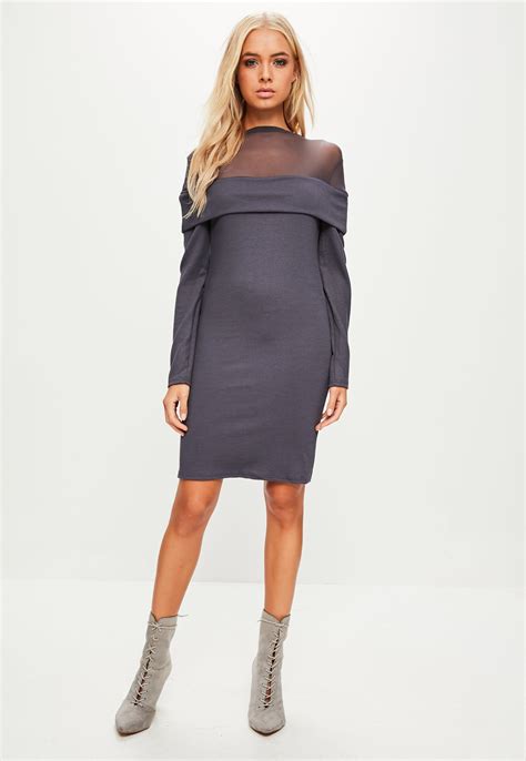 Lyst Missguided Grey Mesh Insert Sweater Dress In Gray