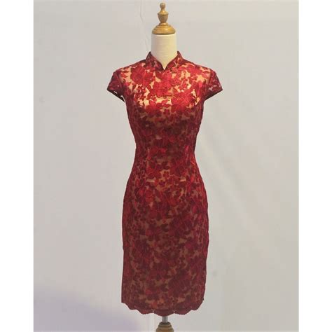 Sangria Red Lace Nude Gold Based Red Wine Chinoiseries Modern Short Cheongsam Qipao Short Dress