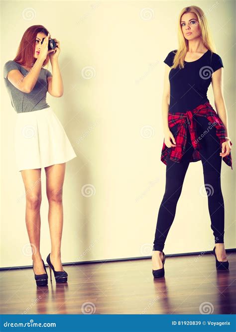 Mulatto Girl Photographing Blonde Woman Stock Image Image Of Shot Attractive 81920839