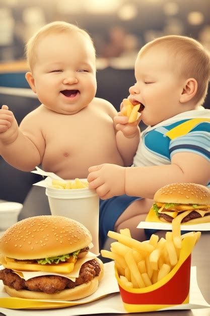 Premium Ai Image Obese Boy Girl Eating Fast Food Hamburger French