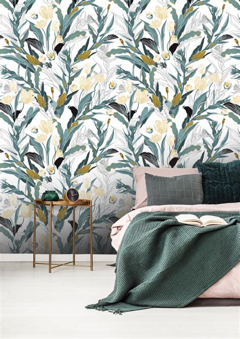 Green Gold Floral Wallpaper | Wallpaper Peel and Stick | Removable ...