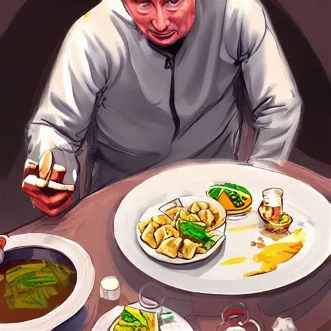 Happy Putin Eats Dumplings Concept Art Trending On Stable Diffusion