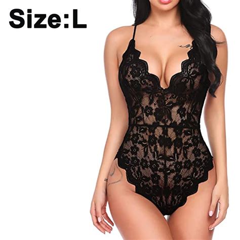 Women Deep V Lingerie Snap Crotch Teddy Sexy Lace Bodysuit Walmart