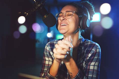 Radio Dj Headphones And Microphone Woman Is Excited With Singing Or