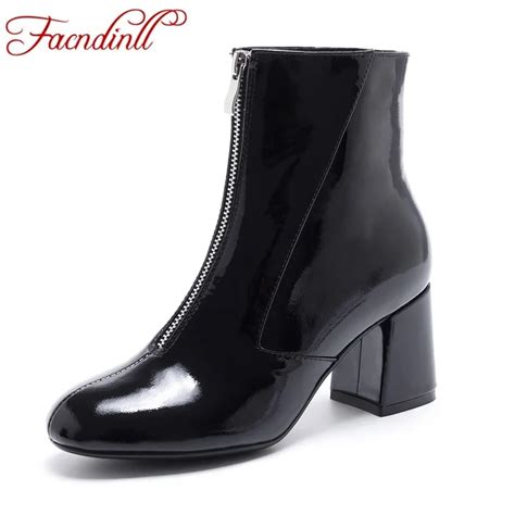 Facndinll New 2017 Patent Real Leather Women Ankle Boots Sexy High