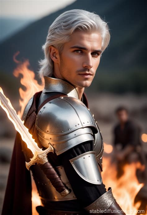 Silver Haired Youth With Flaming Sword Stable Diffusion Online
