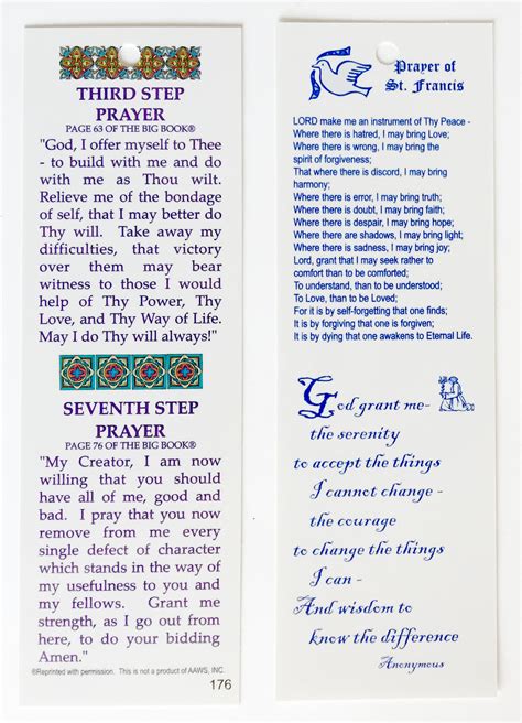 W176 Bookmarks Third Step Seven Step St Francis Serenity Prayer