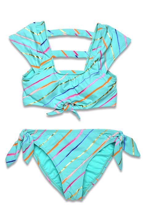 Hobie Girls Cap Sleeve Bralette Bikini Top Bow Tie Hipster Bottom Swimsuit Set Seagreen