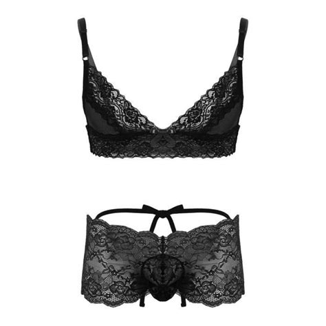 Inhzoy Lingerie de Nuit Homme Sous vêtement Boxer Dentelle Sissy String Soutien gorge Bra
