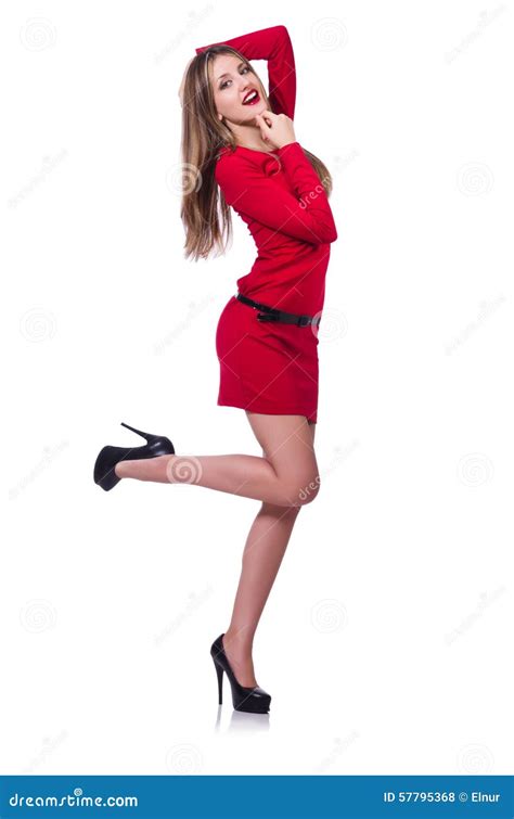 Jeune Fille Blonde Dans La Robe Courte Rouge D Isolement Dessus Photo Stock Image Du Courroie