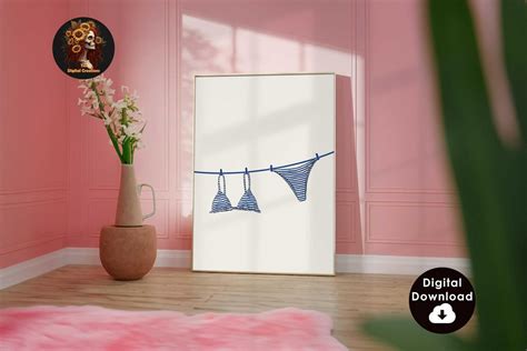 Navy Blue Bikini Print Coastal Cowgirl Decor Digital Swimsuit Poster Beach Wall Art Ocean