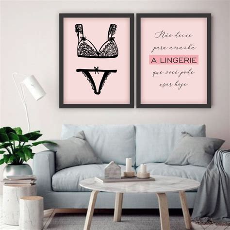Conjunto De Quadros X Lingerie Rosa Moldura Preta Elo