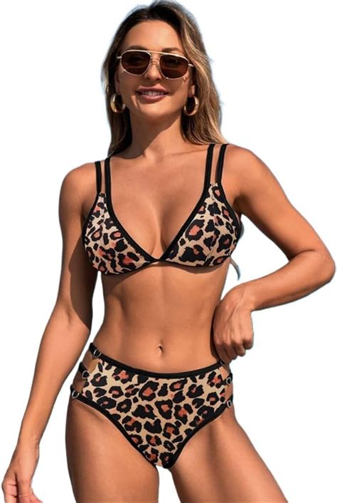 Amazon Women S Leopard Print Bikini Set Double Strap Triangle Top High Waist Bathing Suit