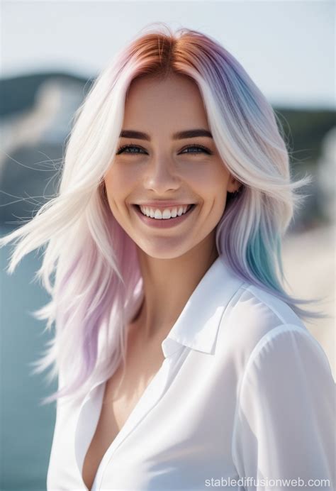 Woman In White Against Colored Hair And Wind Stable Diffusion Online