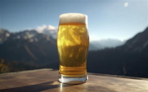 Un verre de bière blonde sur une table sur un fond de montagne illustration de bière légère