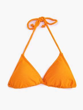 Turuncu Kadın Üçgen Bikini Üstü Dokulu Boyundan Bağlamalı Kaplı SAK BM Koton