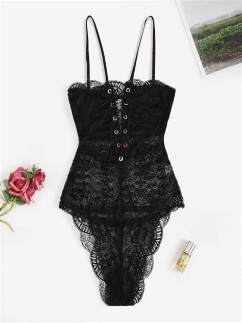 Off Lace Scalloped Trim Lace Up Lingerie Teddy In Black