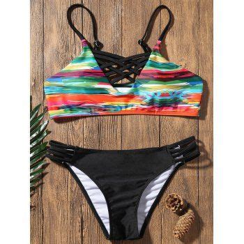 Off Straps Lace Up Print Bikini In Black Dresslily