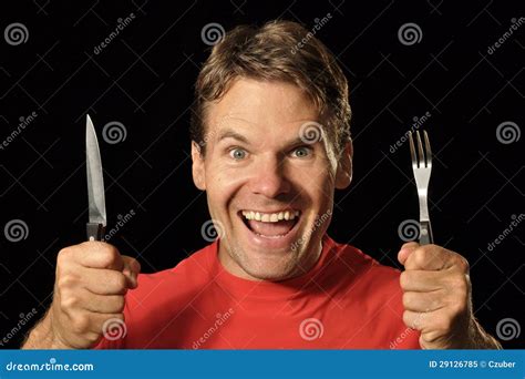 Hungry Man Stock Image Image Of Utensils Thrilled Male 29126785