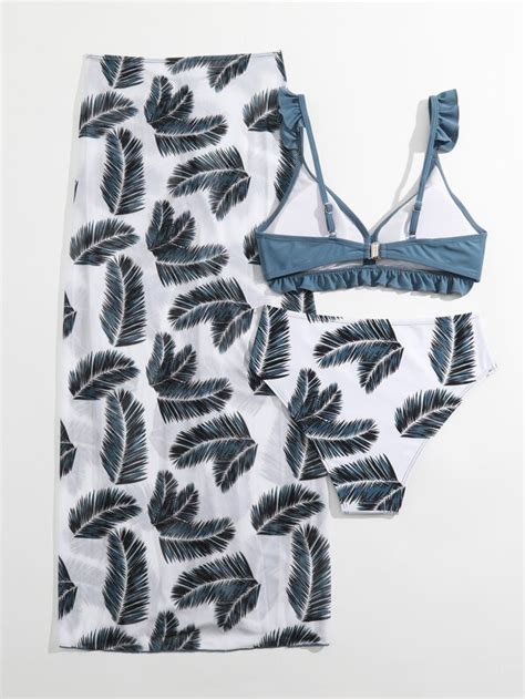 Chicas adolescentes piezas Bañador bikini con estampado tropical ribete fruncido falda de