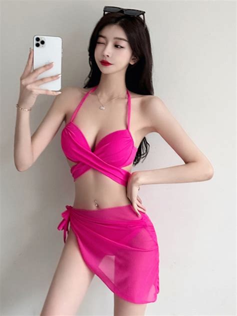 Swimsuit Female Sexy Bikini Wrap Skirt Three Piece Set Steel Support Push Up Three Point Split