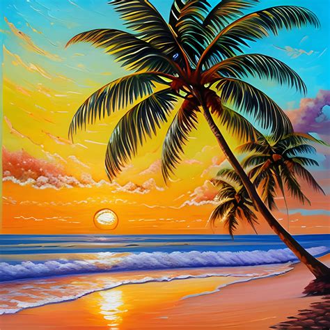 Beautiful Coconut Trees In Beach With Sunset Oil Painting Arthub Ai