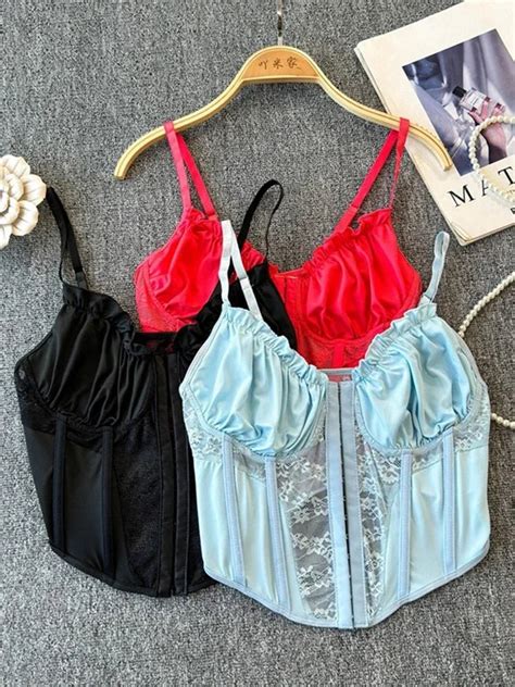 Lace Trim Satin Corset Lingerie Set Collection On Luulla