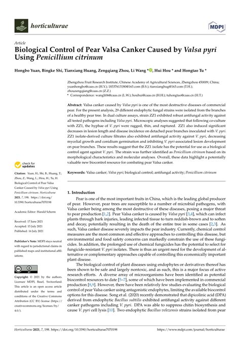 Pdf Biological Control Of Pear Valsa Canker Caused By Valsa Pyri