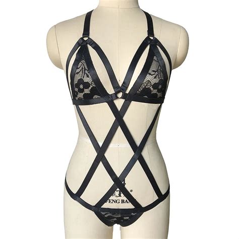 Conjunto De Chicote De Renda Transparente Lingerie Sexy Preta De Goth