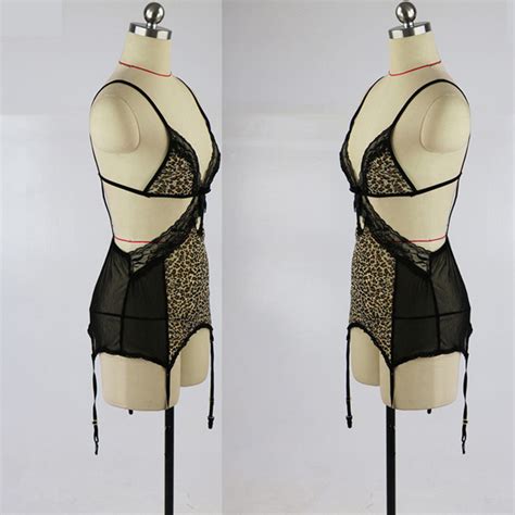 Sexy Black Sheer Mesh Leopard Thin Shoulder Straps Stretchy Lingerie Set N