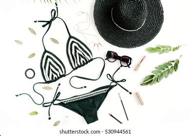 Female Summer Bikini Swimsuit Accessories Collage Stock Photo