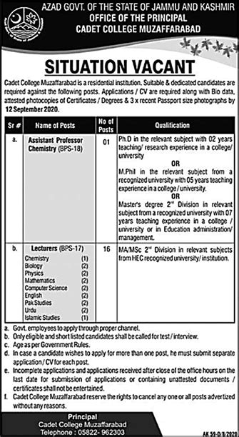 Cadet College Muzaffarabad Jobs August September Ajk Lecturers